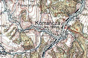 Komańcza - zabudowa wsi wg mapy WIG